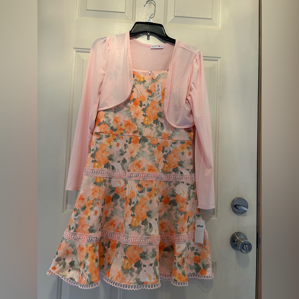 Rare Editions Pink And Orange Floral Dress With Cardigan (Original Price $74)